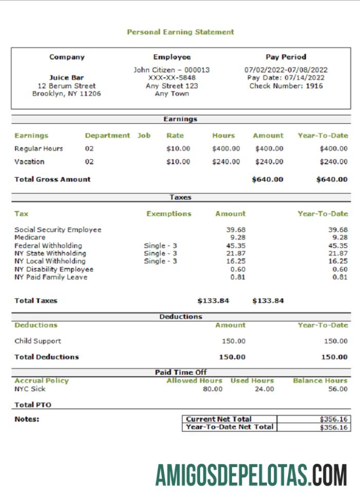 Realista Modelo de declaração de ganhos pessoais nos EUA